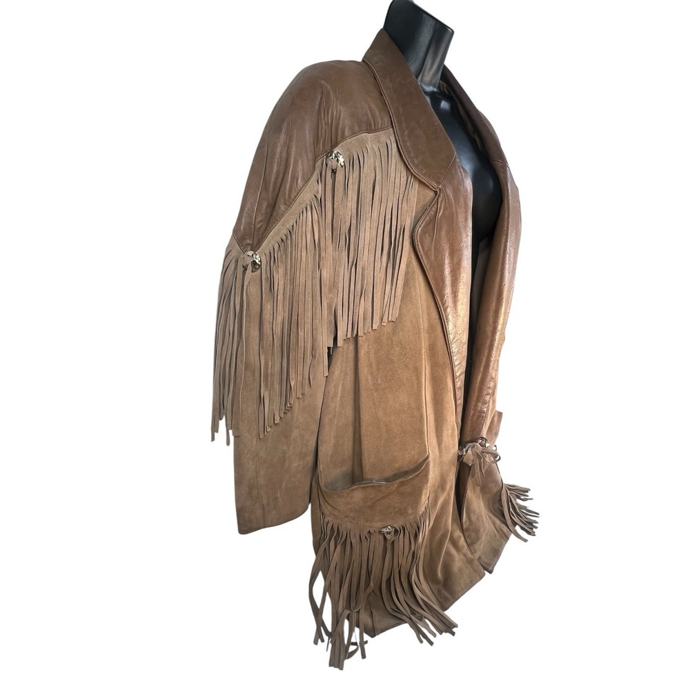 vtg Outerwear By Phoenix tan suede ostrich leather trim rodeo fringe jacket sz L - Picture 3 of 10